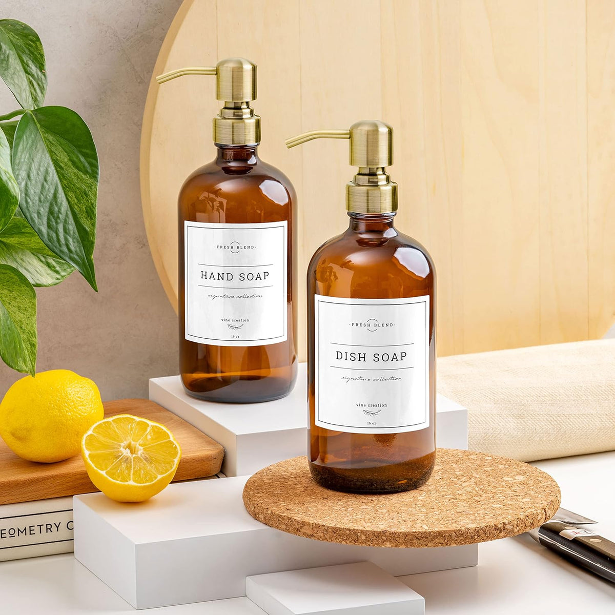 Vine Creations Amber Glass Soap Dispenser, 2 Pack Kitchen Soap Dispenser Set with Stainless Steel Pump, 16 oz Dish Soap and Hand Soap Dispensers for Bathroom with Waterproof Labels