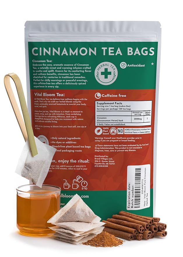 Vital Bloom Pure Cinnamon Tea, warm, spicy flavor, 100% Natural, Caffein Free, Hot or Cold Brew Herbal Tea, Bleach Free Tea Bags, Non GMO (Free Bamboo Tongs included)