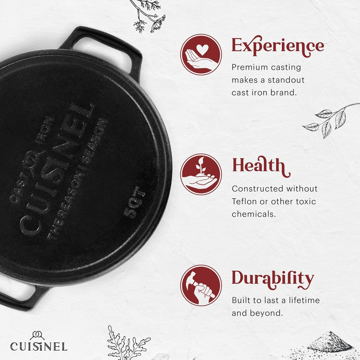 Cuisinel Cast Iron Dutch Oven - 5-Quart Deep Pot - Preseasoned 2-in-1 Multi-Cooker - Combo Lid Doubles as 10"-inch Skillet Frying Pan + Silicone Handle Covers + Scraper - Indoor/Outdoor Bread Cookware