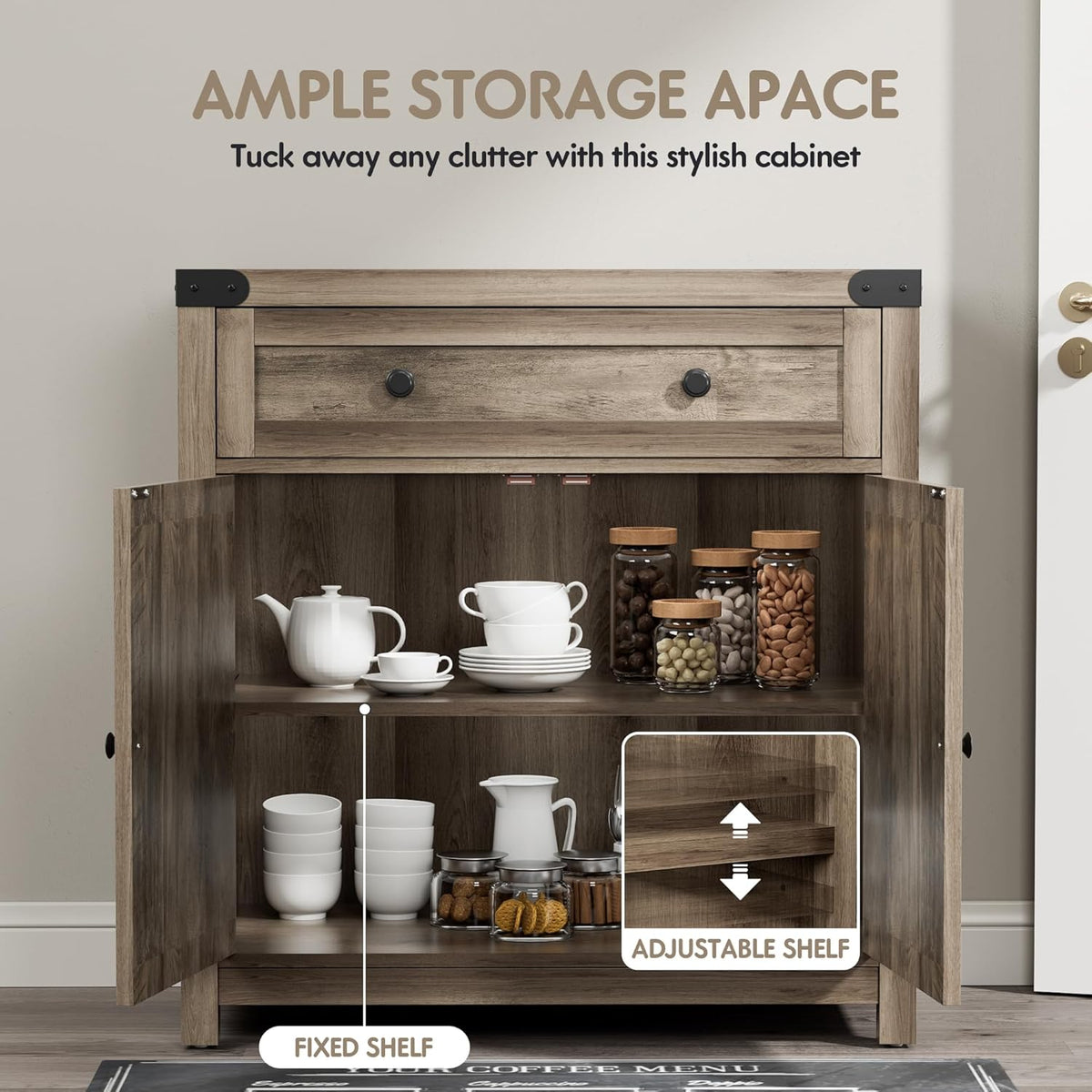 YESHOMY Farmhouse Coffee Bar Cabinet Sideboards, with Barn Doors, Spacious Drawer, Adjustable Interior Shelf, Generous Top Surface, for Kitchen, Bathroom, Entryway, Living Room, Pure Rustic