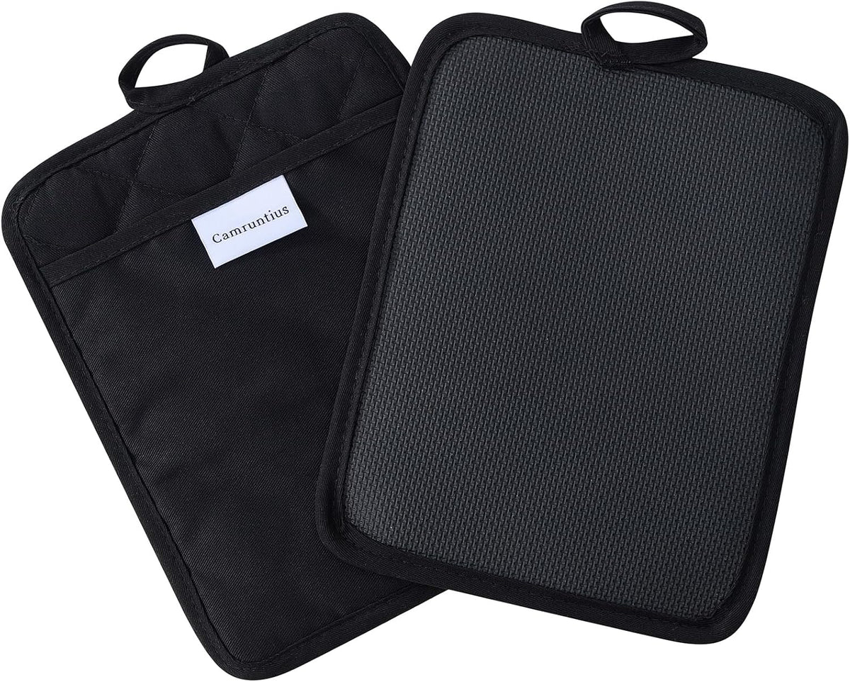 Kitchen Pot Holders, 7"x9", Rectangular with Pocket, Cotton and Neoprene Heat-Resistant Potholders for Cooking and Baking, Machine Washable, 3-Piece Set (Black)