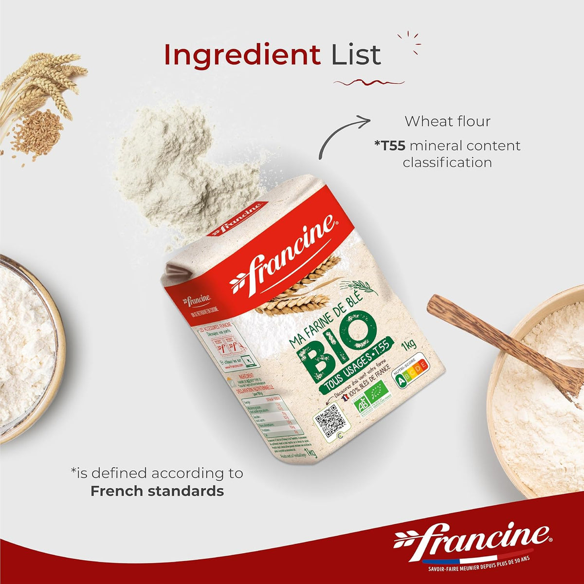 Francine Farne de Ble Bio - French T55 Organic All Purpose Flour (3 Pack, Total of 3kg)