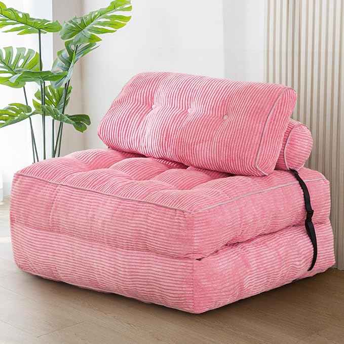 MAXYOYO Folding Sofa Bed, Convertible Sleeper Chair with Pillow Foldable Mattress with Back Support, Portable Fold Out Chair Bed Comfy Floor Sofa Lounge for Living Room Bedroom, Pink, Single