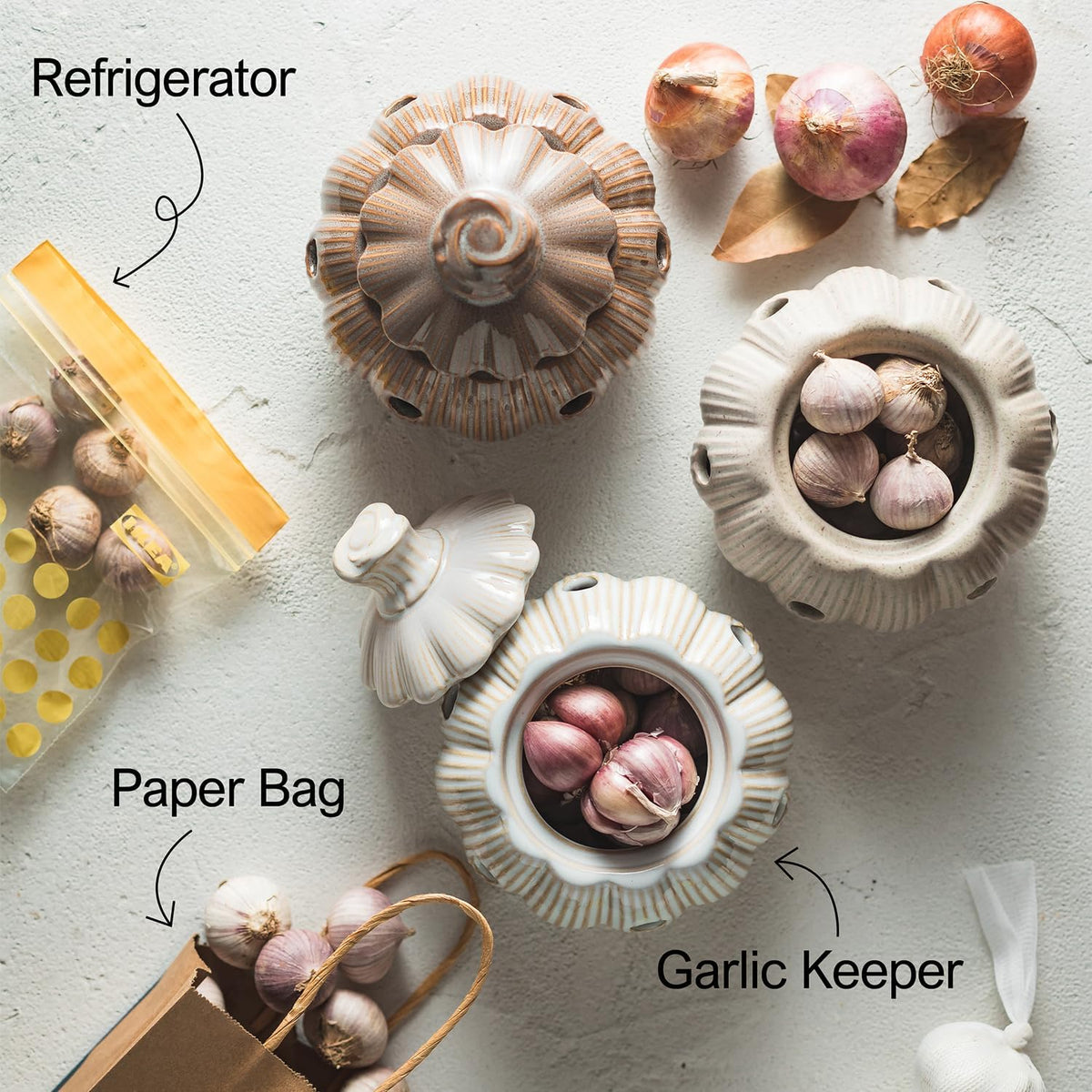 Ceramic Garlic Keeper with Lid and Holes Garlic Saver and Storage Framhouse Decor Keep Gralic Cloves Dry and Fresh, Grey