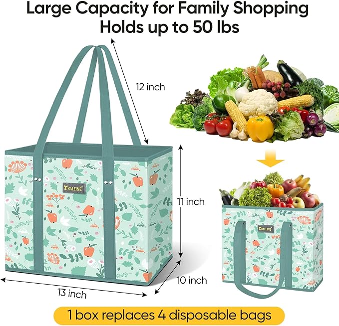 BALEINE 3Pk Reusable Grocery Bags, Foldable Shopping Bags for Groceries with Reinforced Bottom & Handles (Spring Stroll)