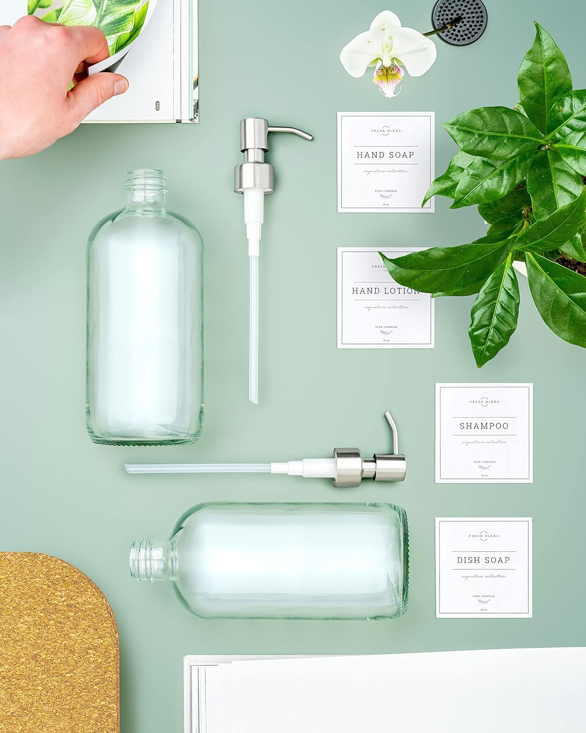 Vine Creations Clear Glass Soap Dispenser, 2 Pack Kitchen Soap Dispenser Set with Stainless Steel Pump, 16 oz Hand Soap or Dish Soap for Bathroom or Kitchen with Waterproof Labels
