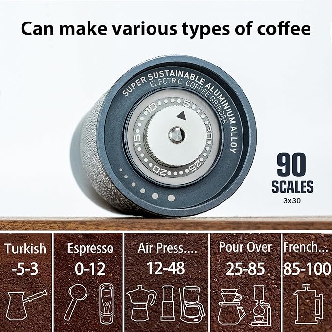 CERA+ Portable Coffee Bean Grinder,Electric Coffee Grinder,Coffee Grinder with 90 Precise Grind Setting,Auto‑Stop & One-Button,Burr Coffee Bean for Espresso,Pour-Over, French Press Moka, with Bag