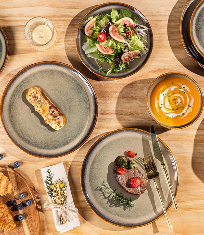 TheTerra Ceramic Dinnerware Sets for 4, 12 Pieces Porcelain Lightweight Plates and Bowls Sets, Scratch Resistant Dish Set, Oven & Microwave & Dishwasher Safe, Coffee Bean