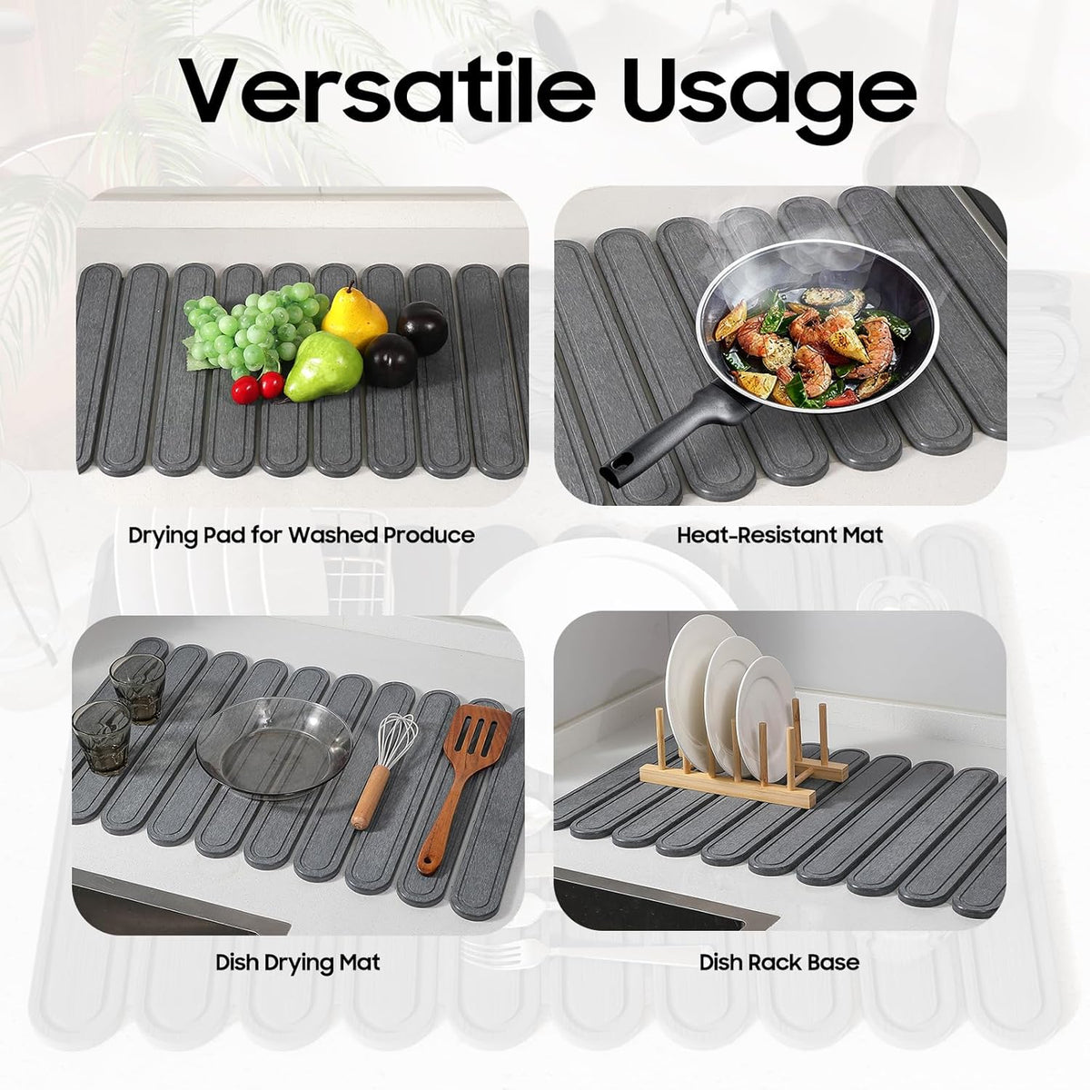 Stone Dish Drying Mat or Kitchen Counter, Quick Dry Stone Mat Kitchen for Dishes Bottles Cups, Large Foldable Diatomaceous Earth Dish Drying Mats Match Any Countertop, Dark Grey