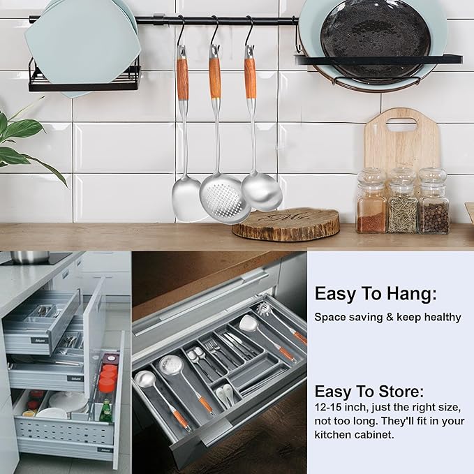 18/10 Stainless Steel Kitchen Utensils Set with Wooden Handle, 6 PCS Professional Cooking Utensils Set 15”, Wok Spatula, Ladle, Skimmer, Slotted Spatula Turner, Spaghetti Spoon, Large Spoon