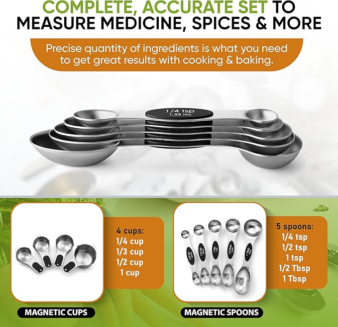 Spring Chef Magnetic Measuring Cups & Spoons Set, Patented, Strong N45 Magnets, Heavy Duty Stainless Steel Fits in Spice Jars for Baking & Cooking, BPA Free, Round Set of 9, Black