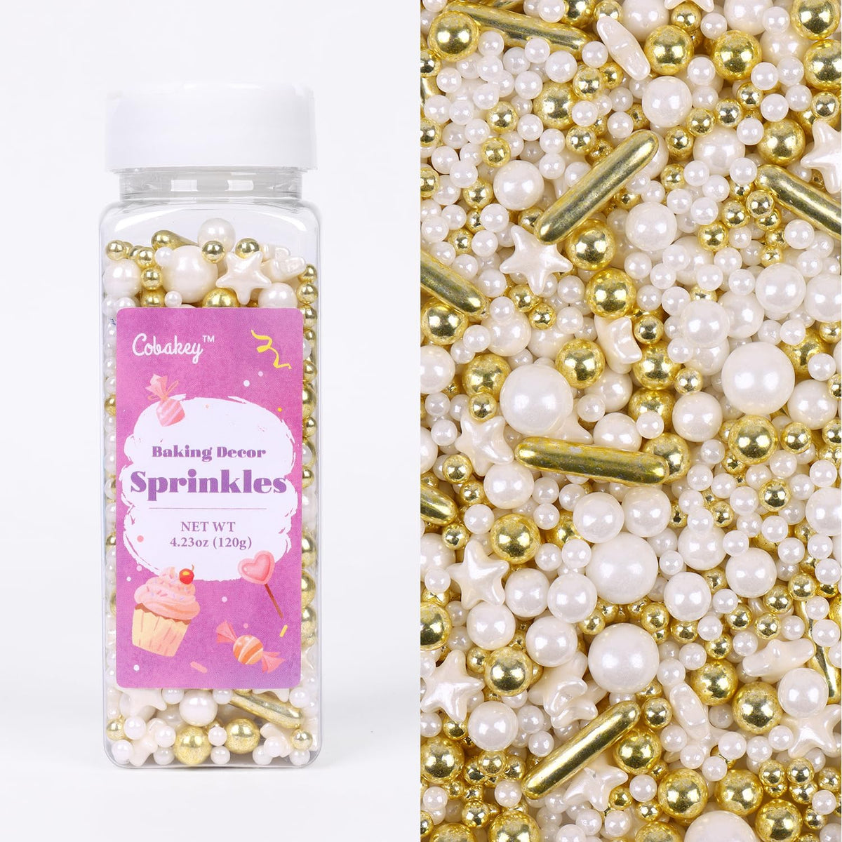 White Deluxe Gold Sprinkles for Cake Decorating 4.23ounce - Sugar Mix Contains Star & Pearl Sprinkles for Cupcake Toppers, Ice Cream, Candy, Cookie Decorations - Holiday Party Supplies