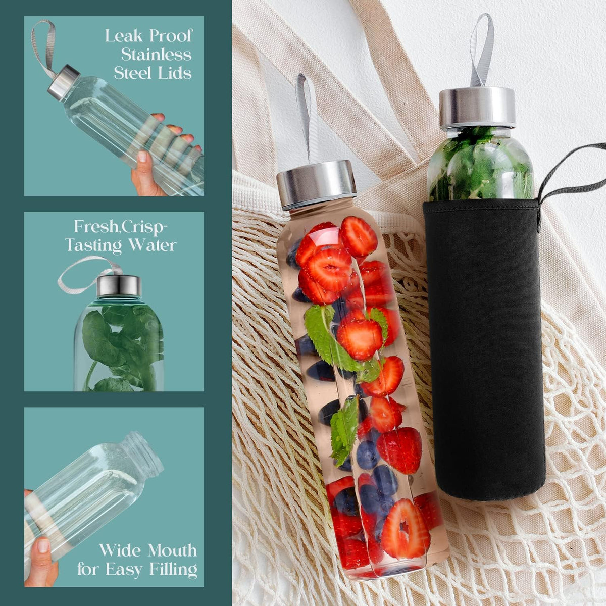 18oz Glass Water Bottles – Pack of 12 Nylon Protective Sleeves, Airtight Screw Top Lids, Portable Carrying Loops - Lead, PVC and BPA Free - Water, Milk, Smoothie, Juice Beverage Glasses