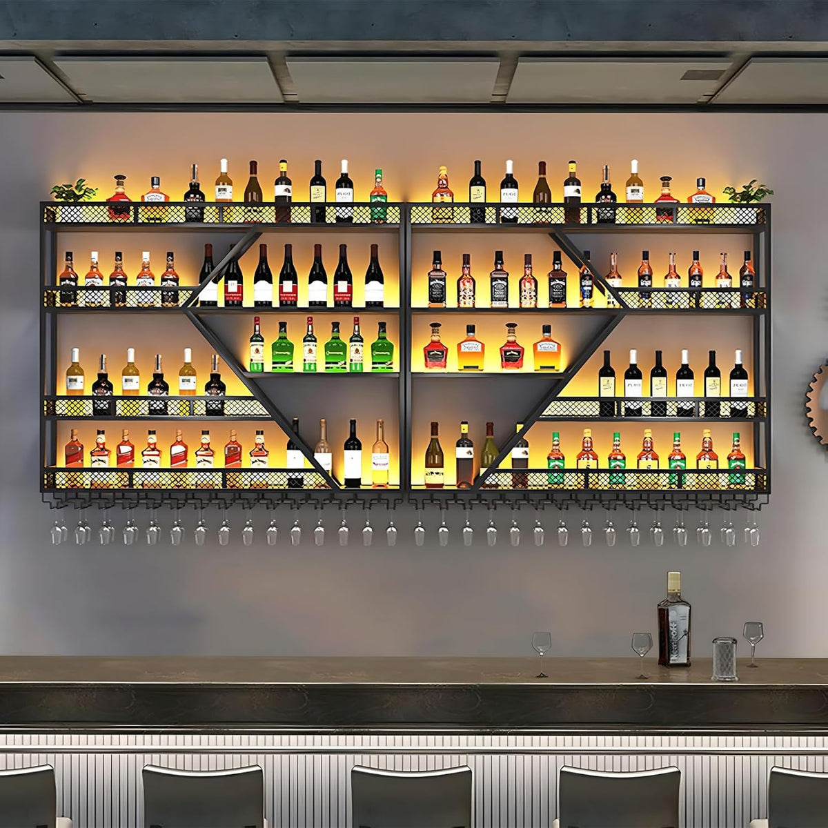 79inch Metal Wine Rack Wall Mounted, Modern Wine Storage Rack Wall Mounted with Wine Glass Holder, Liquor Shelf, Bar Shelves for Liquor Bottles (4 Tiers Black, 79 * 7.87 * 48.5INCH)
