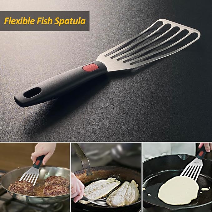 Stainless Steel Spatula Set with Heat Resistant Silicone Handle, VOVOLY Metal Spatulas For Kitchen Use, Thickened Smash Burger Spatula, Mini Brownie Spatula, Fish Flipper, Grill Scraper