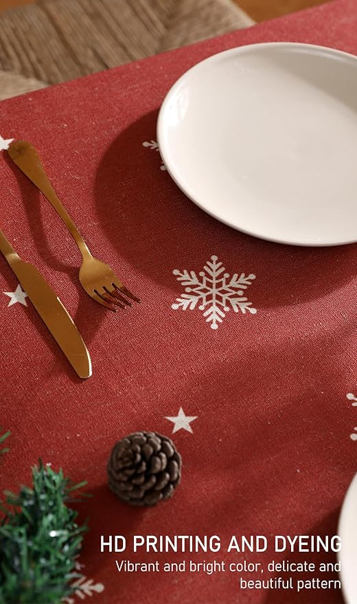 ISAENNE Designer Christmas Red Extra Long Rectangle Tablecloth,Linen Table Cloth with Snowflakes Pattern,Wrinkle Resistant Decor Tablecloths for Dining Kitchen Thanksgiving,67"*118"-Carol C