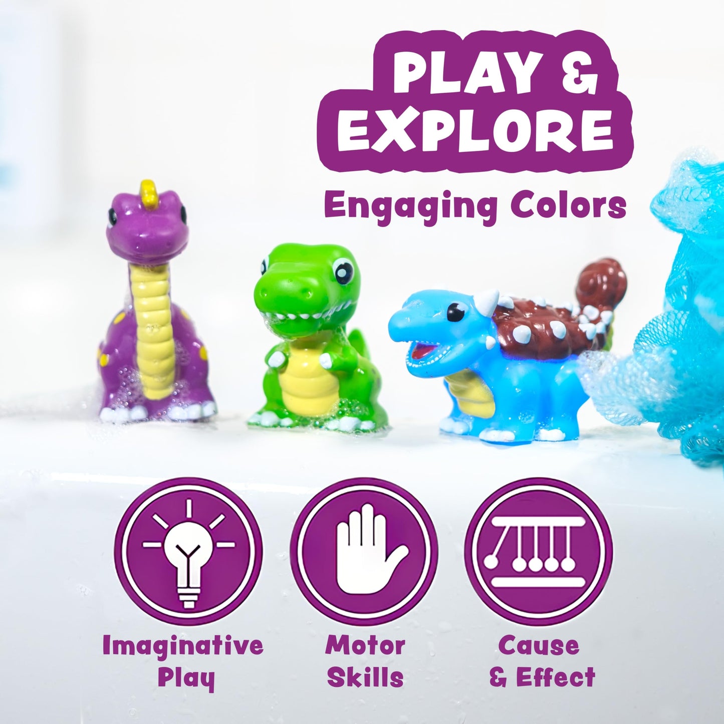 Tub Works® Dinos™ Dinosaur Light Up Bath Toys, 6 Pack | Water-Activated Light Up Toys Flash & Change Color | Easy-Grip Baby & Toddler Bath Toys | Sensory Bath Lights Watertight Bathtub Toys