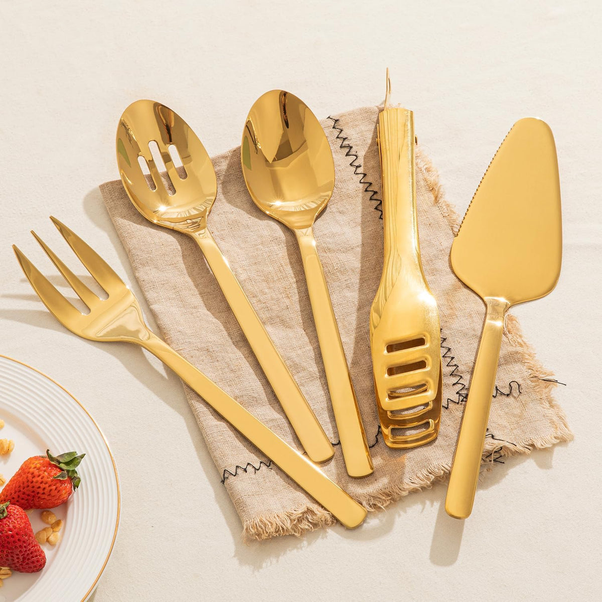KINGSTONE Large Hostess Serving Utensils Set, Heavy Duty 18/10 Stainless Steel - 10 inch Serving Spoons, Slotted Spoons, Forks, Tongs, Cake Pie Server for Buffet, Wedding, Party, Gold
