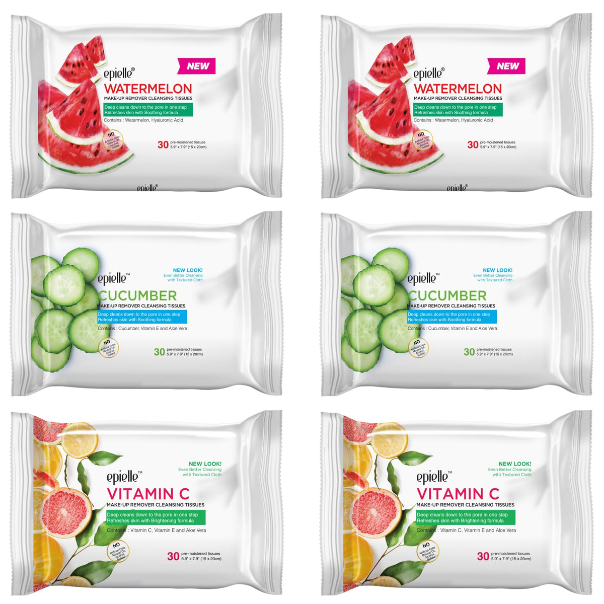 Epielle Makeup Remover Wipes, Remove Dirt, Oil, Waterproof Mascara, Gentle Daily Facial Cleanser Towelettes with Vitamin C, Watermelon & Cucumber, Hypoallergenic & Alcohol-Free, 30 Count (Pack of 6)