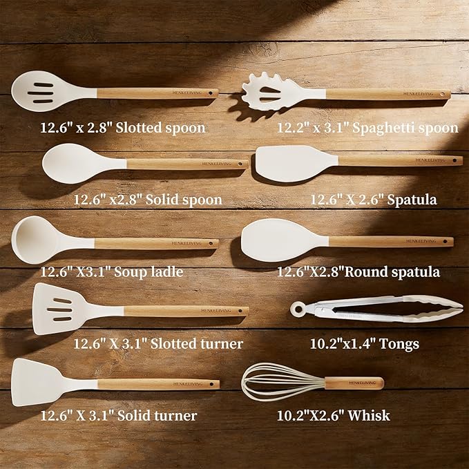 Silicone 10 Pcs Kitchen Cooking Utensils Set, Recycled Materials Certification, BPA Free Spatula Set with Heat Resistant Wood Handles for Nonstick Cookware, Cream White