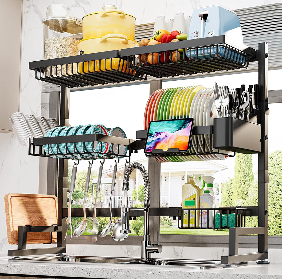 ADBIU Over The Sink Dish Drying Rack (Expandable Height and Length) Snap-On Design 2 Tier Large Dish Rack (27-40L x 12W x 32.5-37H (inches))