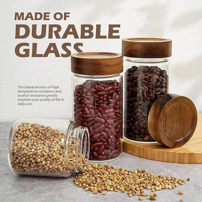 2PCS Small Glass Storage Jars with Airtight Lids, 19.3 fl oz (560ml) coffee container with Wooden Lid, Glass Pantry Canister for Beans, Rice, Sugar and etc