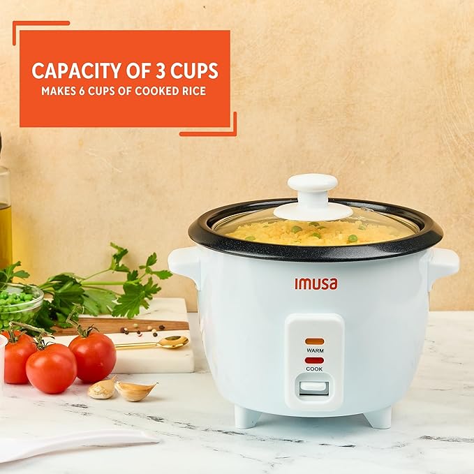 IMUSA Mini Electric Rice Cooker 6 Cup Cooked 3 Cup Uncooked – Ceramic Nonstick Pot, Small Multi Cooker for Rice, Quinoa, Oatmeal, Stew – Keep Warm – Compact for Dorm RV Kitchen