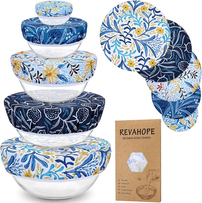 5-Size Reusable Beeswax Bowl Covers for Bread Proofing, Cotton Cloth Flexible Beeswax Wraps for Food Storage(Blue Floral)