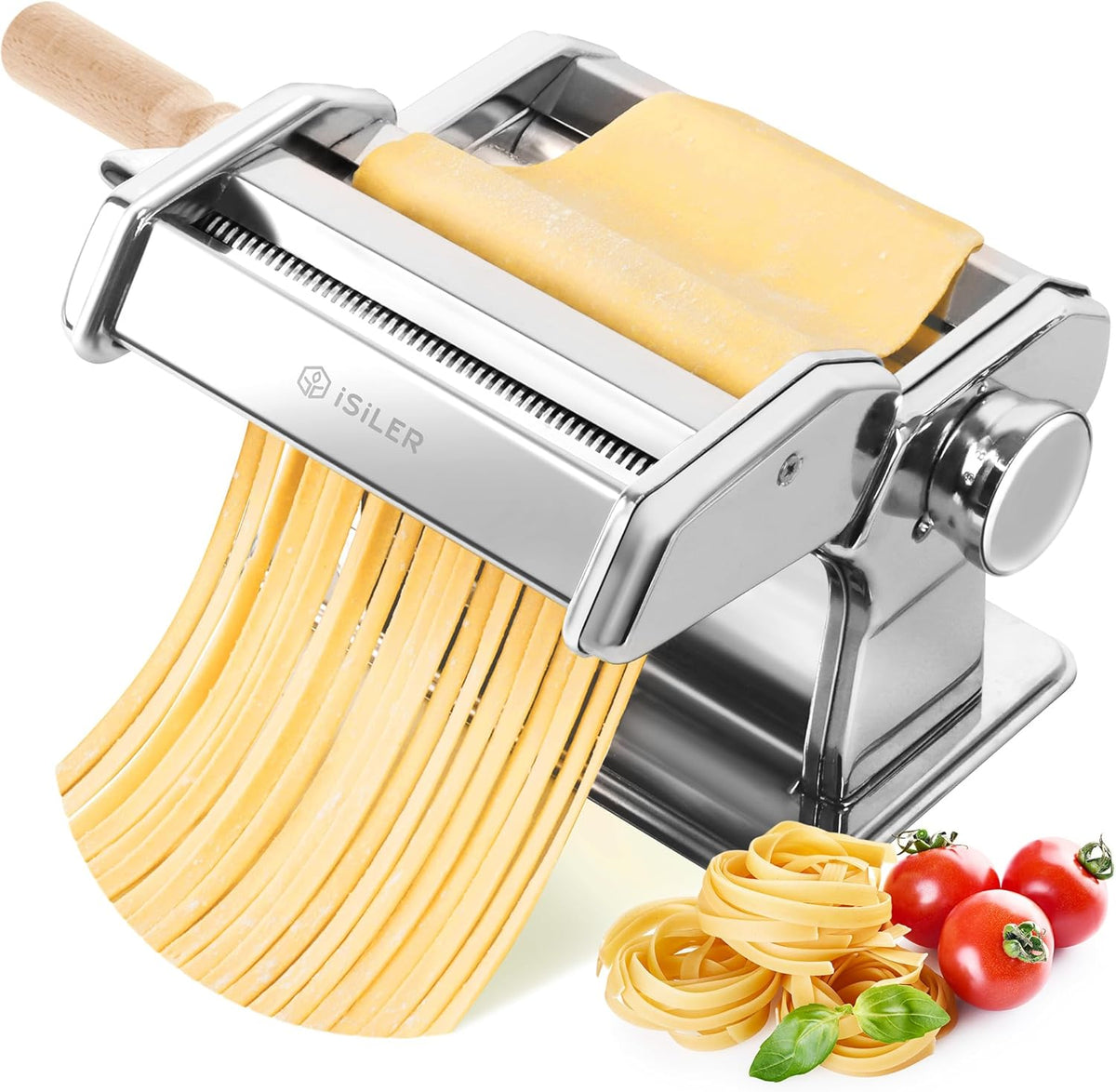ISILER Pasta Maker, 9 Adjustable Thickness Settings 2-in-1 Pasta Machine with Rollers and Cutter, Noodle Maker for Pasta, Dumpling Skin, Spaghetti, Fettuccini, Lasagna