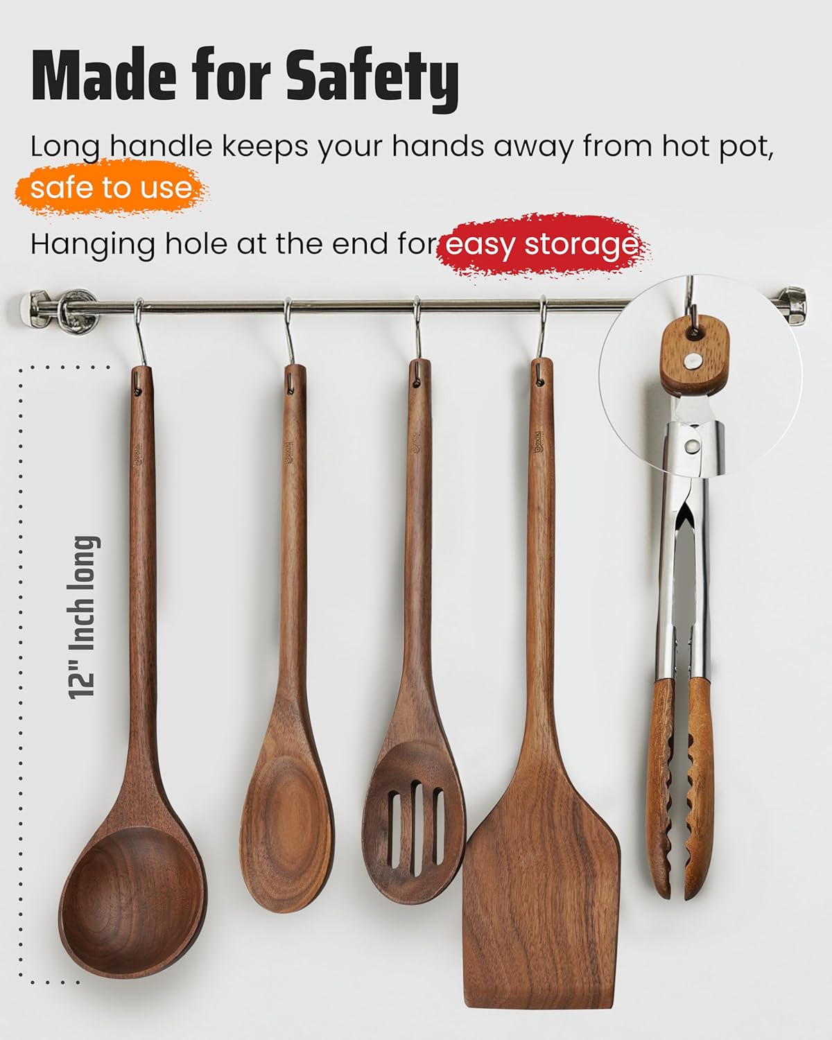 Elegant 5-Piece Walnut Wood Kitchen Utensil Set – Non-Scratch, Heat-Resistant Cooking Utensil Set with Kitchen Tongs, Spoons, Spatula & Ladle – Lightweight, Durable & Perfect for Daily Use or Gifting