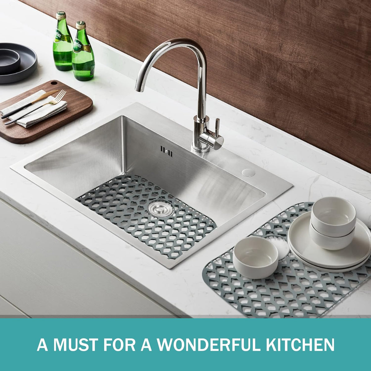 Sink Protectors for Kitchen Sink 13x11 &16x12 &19x14 &21x16 &22x13 &24x13 &26x14 &28x14 &30x16, Large Silicone Sink Mats Grid for Bottom of Farmhouse Sink (21”x16”, Rear Drain)
