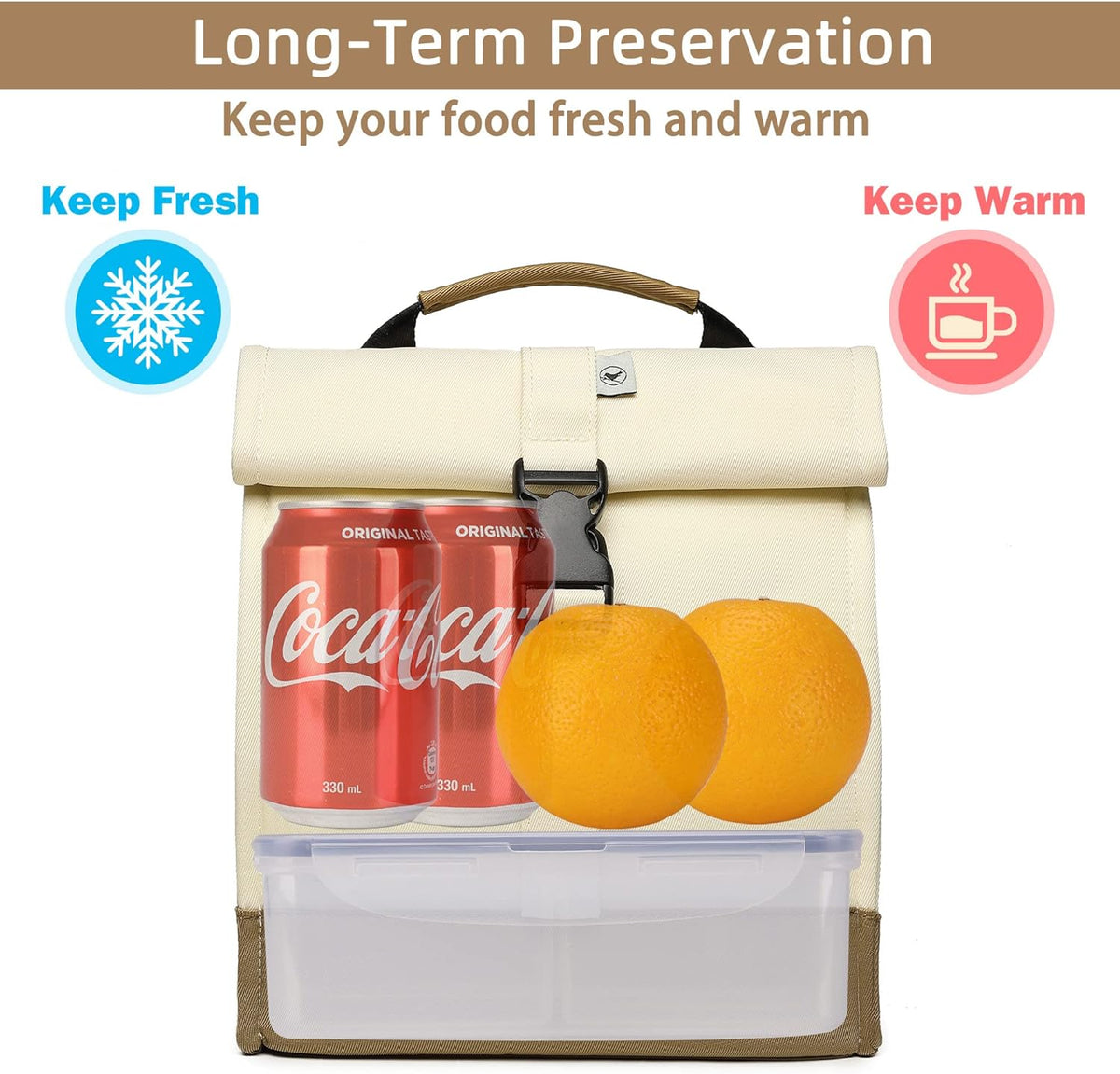 SUNNY BIRD Insulated Lunch Bag Rolltop Lunch Box Medium Lunch Cooler Tote for Women, Girls, Teens and Adults (White)