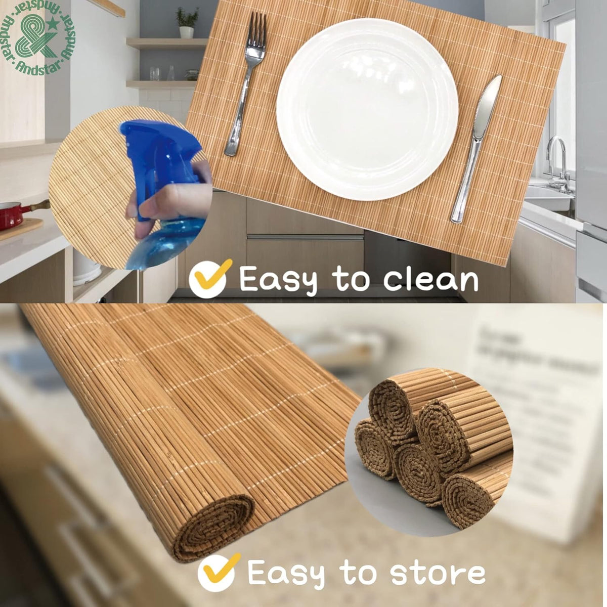ANDSTAR Set of 4 Pcs Bamboo Placemats Sushi Rolling Mat Japanese Style Natural Anti-Slip Bamboo Placemats Washable Heat-Resistant Table Mats for Dining Room and Kitchen（Brown）