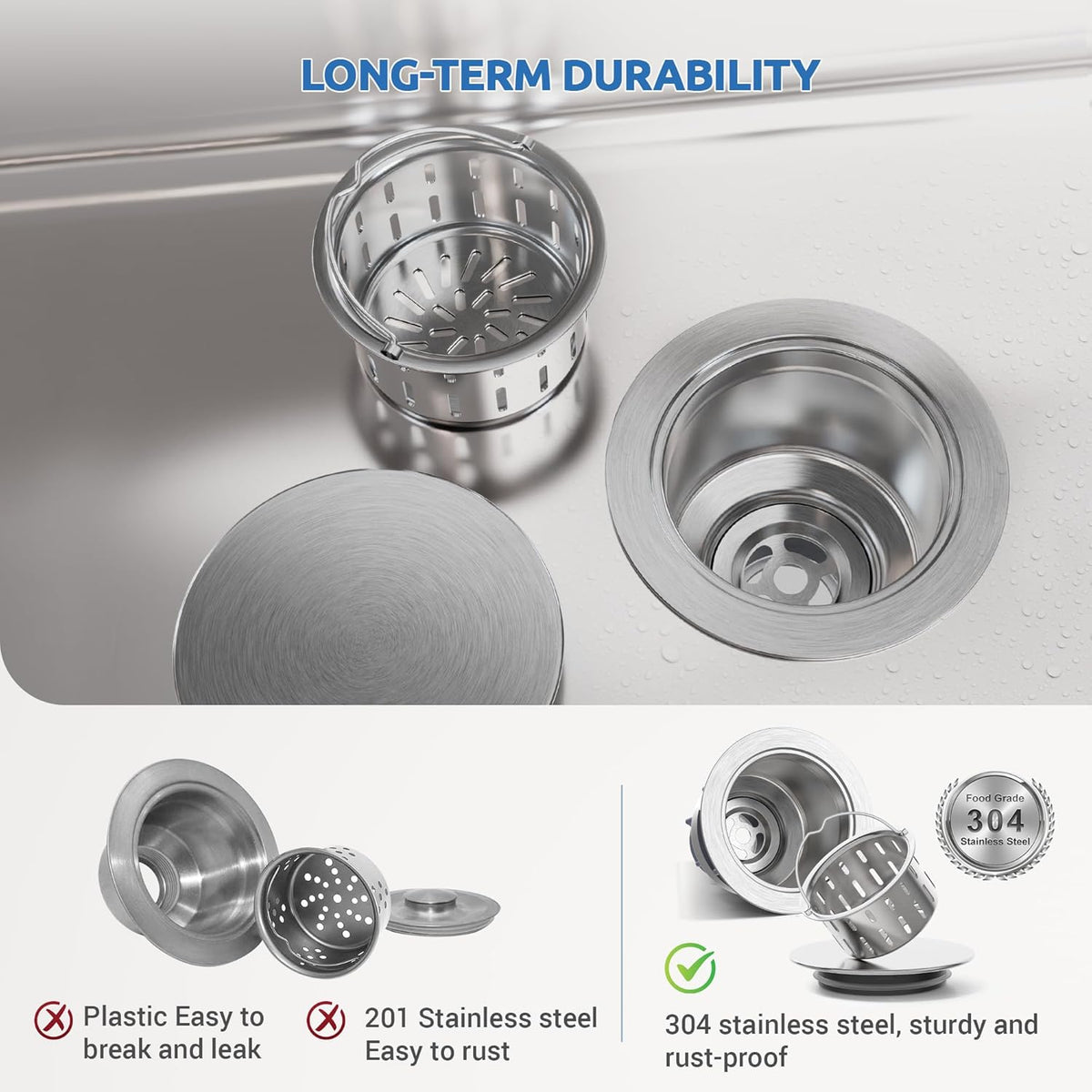 BOTEMY Stainless Steel Sink Drain Strainer 3-1/2 Inch Kitchen Sink Drain Assembly Kit with Removable Deep Sink Strainer Basket and Sink Stopper Flat Cover Replacement for Home Standard Kitchen Sinks