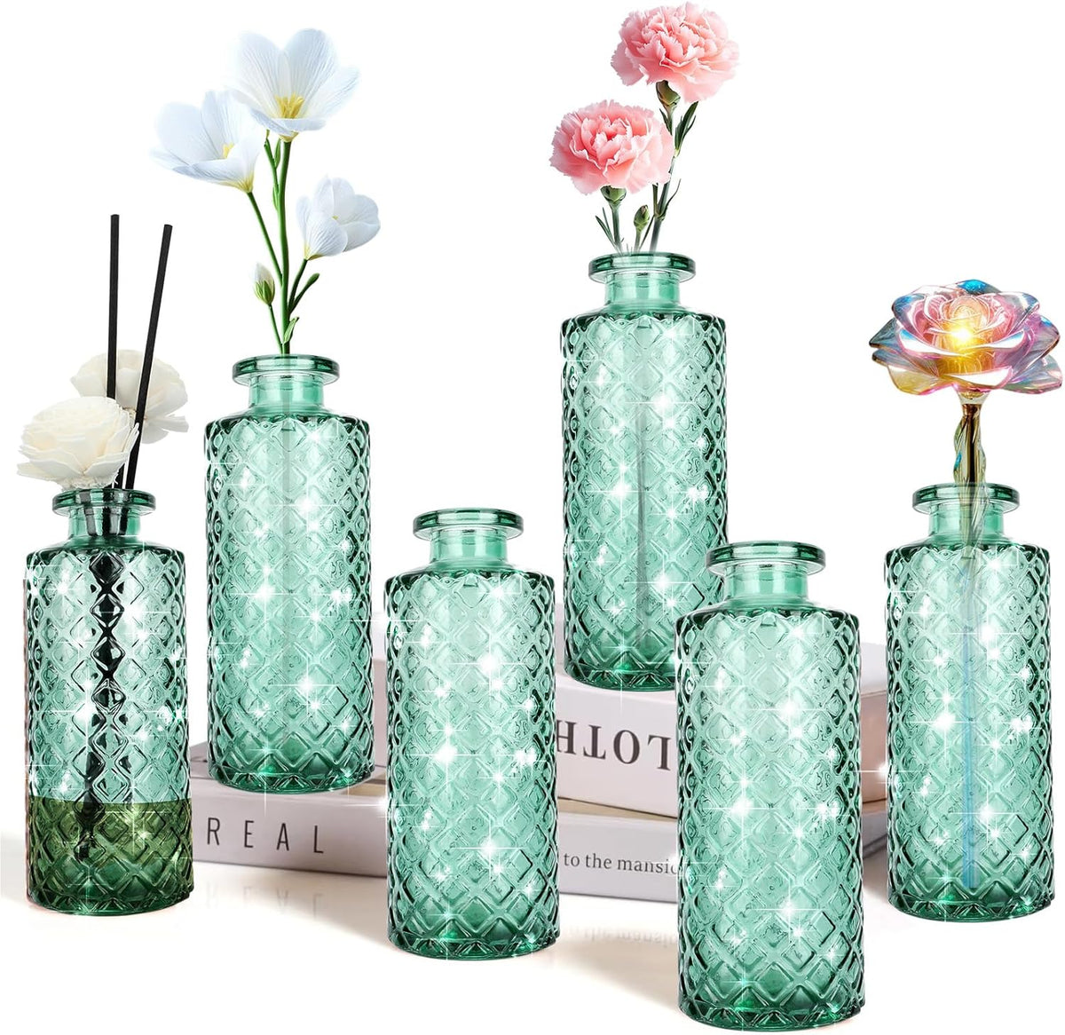 Glass Flower Vase, Green, Aromatherapy Bottle, Small Vase, 6 Sets, Simple Style, Centerpieces for Table, for Home Decoration, Birthday, Wedding