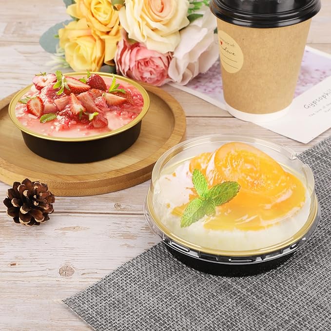 Beasea Aluminum Cupcake Pans With Lids, 4 Inch 50 Pack Disposable Pie Pans For Cake, 8 Oz Aluminum Pie Pan Tin Black Golden Tart Pans Round Oven Baking Mini Cake Pan For Pie Tart Quiche
