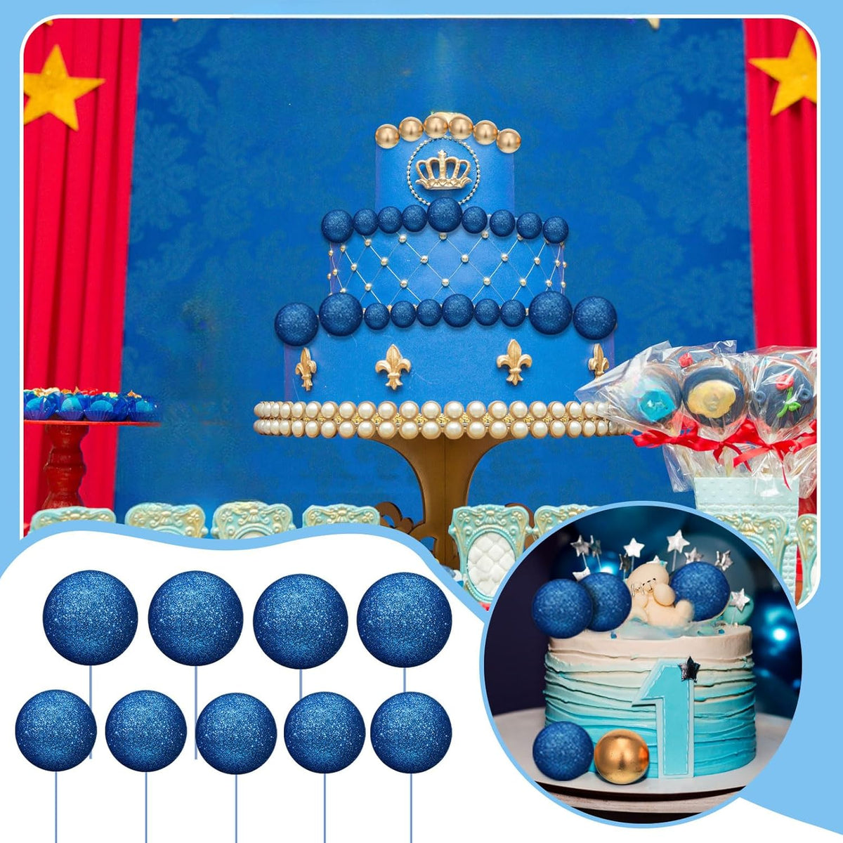 108 Pcs Balls Cake Topper DIY Cupcake Insert Foam Balloons for Cake Baking Wedding Anniversary Birthday Decoration(Bright Blue, Gold,Multi Sizes)
