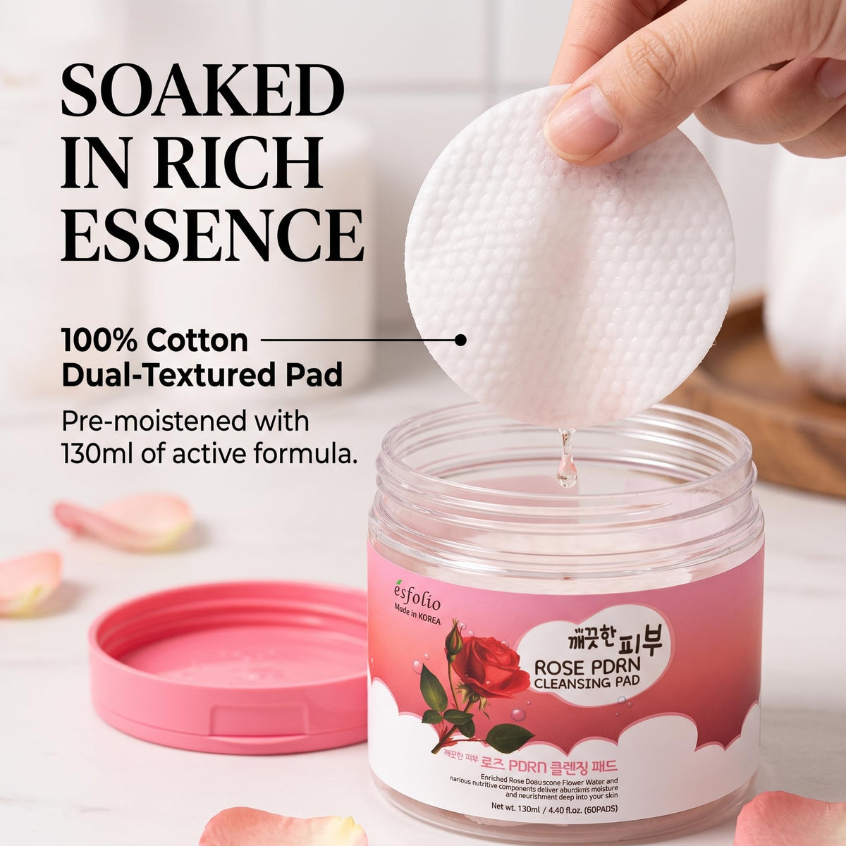 Esfolio made in Korea PDRN Rose Cleansing Pad Gentle Daily Facial Pads with Rice Extract for Skin Clarity and Softness Easy One-Step Cleanser for Radiant Complexion Korean Skincare 60 Count