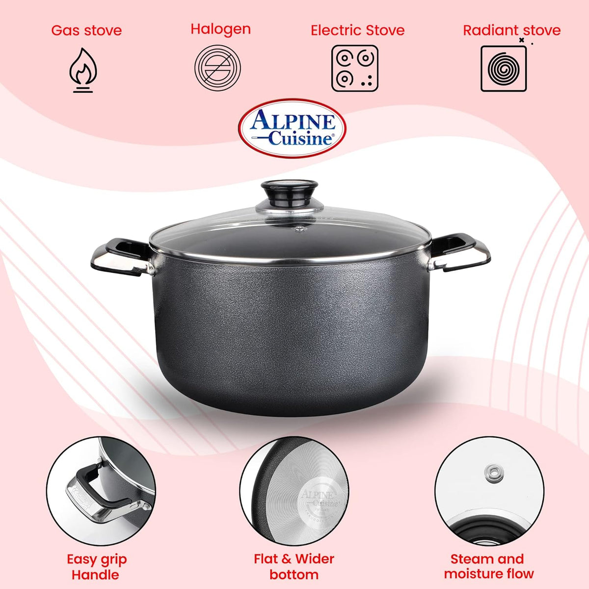 Alpine Cuisine 42 Quart Non-stick Stock Pot with Tempered Glass Lid and Carrying Handles, Multi-Purpose Cookware Aluminum Dutch Oven for Braising, Boiling, Stewing