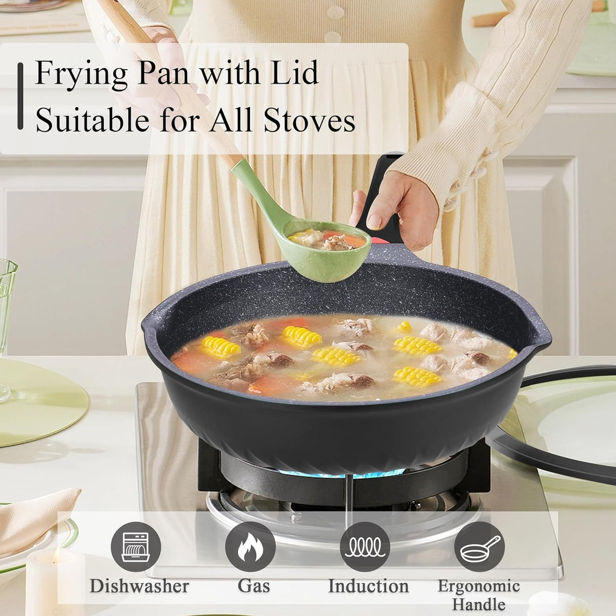 Vinchef Nonstick Skillet with Lid, 12.5In Aluminum Deep Frying/Saute Pan with Lid and Heat Indicator, Anti Scratch and Anti Stain, Induction Compatible