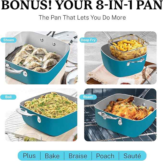 Gotham Steel 20 Piece Pots and Pans Set Nonstick Cookware Set, Pot and Pan Set, Kitchen Cookware Sets, Ceramic Cookware Set, Ceramic Pots and Pans Set, Pot Set, Dishwasher Safe, Aqua Blue