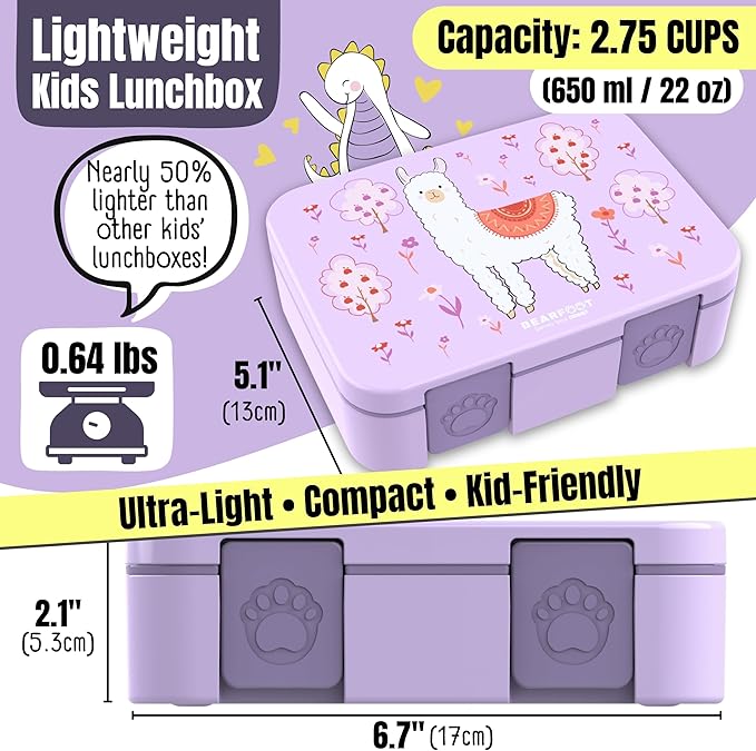 BEARFOOT Kids Lunch Box with Compartments – Compact & Lightweight | Leak-Proof, BPA-Free, Dishwasher & Microwave Safe | Hand-Drawn Design for Preschool, School, Travel (Llama Purple, 2.75 Cups)