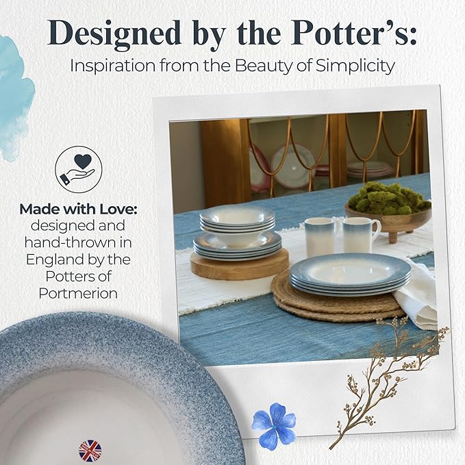 Portmeirion Potter’s Mist Oatmeal Bowls (Set of 4) - Versatile Earthenware Bowls for Kitchen, Soups, Cereal & Desserts - Dishwasher & Microwave Safe - Made in UK Dinnerware Collection (Blue Mist)