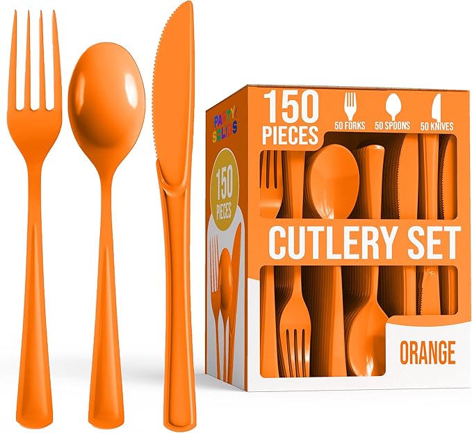Party Solids Orange Plastic Silverware Heavy Duty 150 Pieces Orange Plastic Cutlery Sets, Utensil Sets, 50 Of Each Forks, Knives & Spoons Disposable Cutlery Set, Flatware Set For Party Supplies