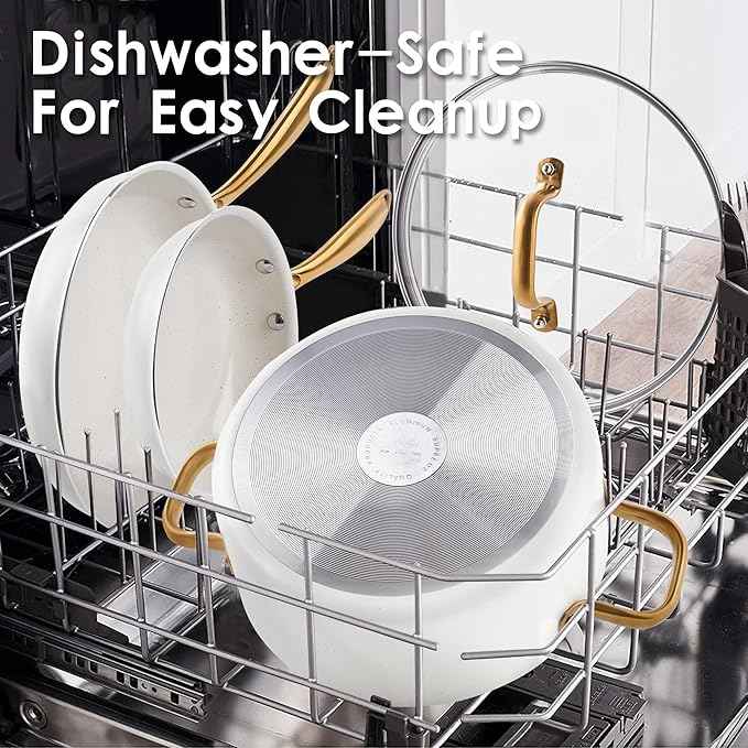 Ceramic Cookware Set, VONIKI 16 Pcs Pots and Pans Set Non Stick, Kitchen Cookware Sets with Cooking Utensils Set, Non Toxic Cookware Set White Gold Pan Set for Cooking Pot Oven & Dishwasher Safe, Gift