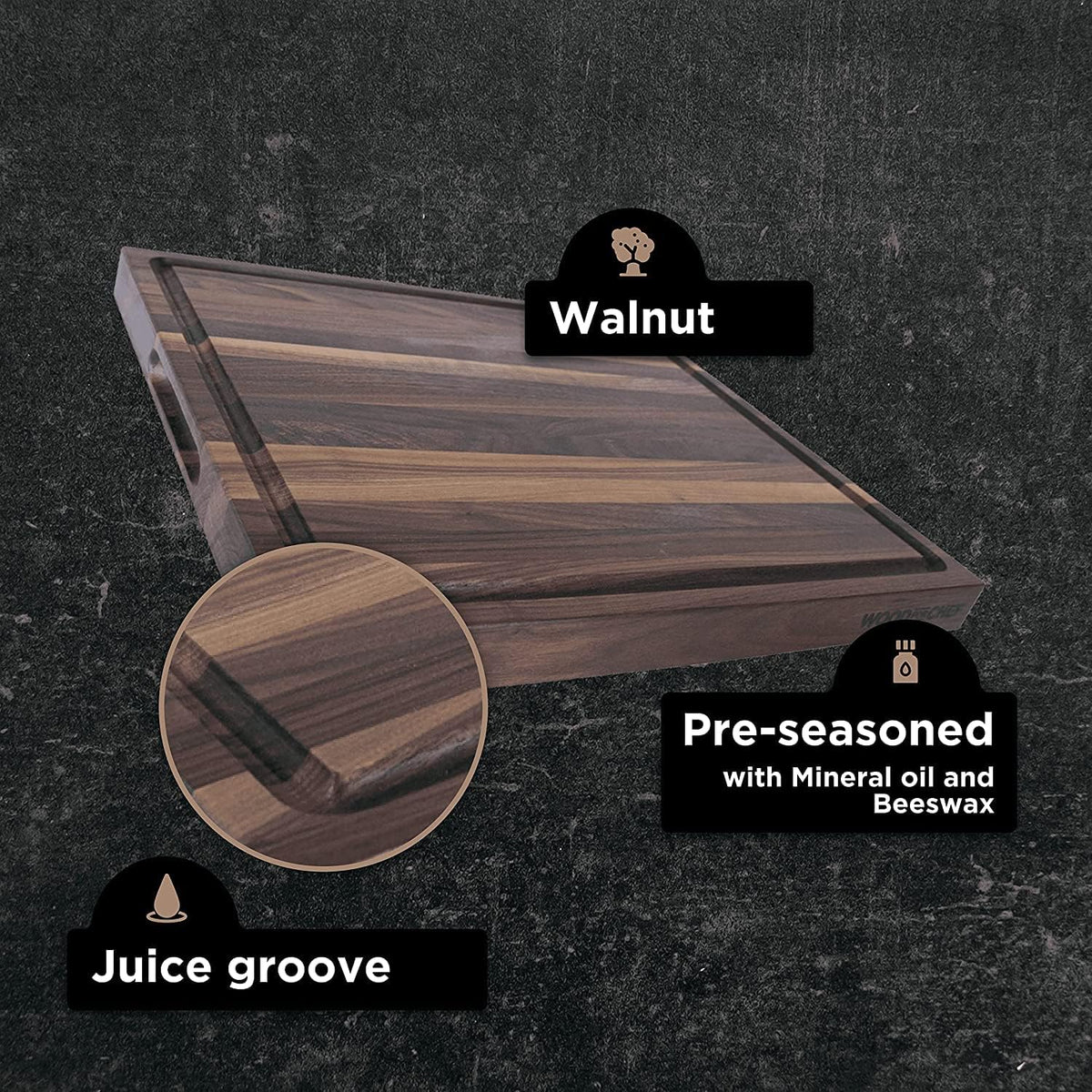 Medium Wood Cutting Board from American Walnut - A Butcher Block That Comes with Juice Groove for Cutting Meat and Juicy Veggies Easily - Walnut Chopping Board - 16x12x1.5 inches