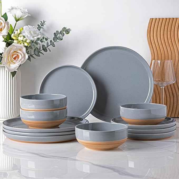 AmorArc Ceramic Dinnerware Sets for 6, 18 Pieces Handpainted Plates and Bowls Set with Rustic Terracotta Underside, Scratch Resistant Stoneware Dishes Set, Dishwasher & Microwave Safe, Gray