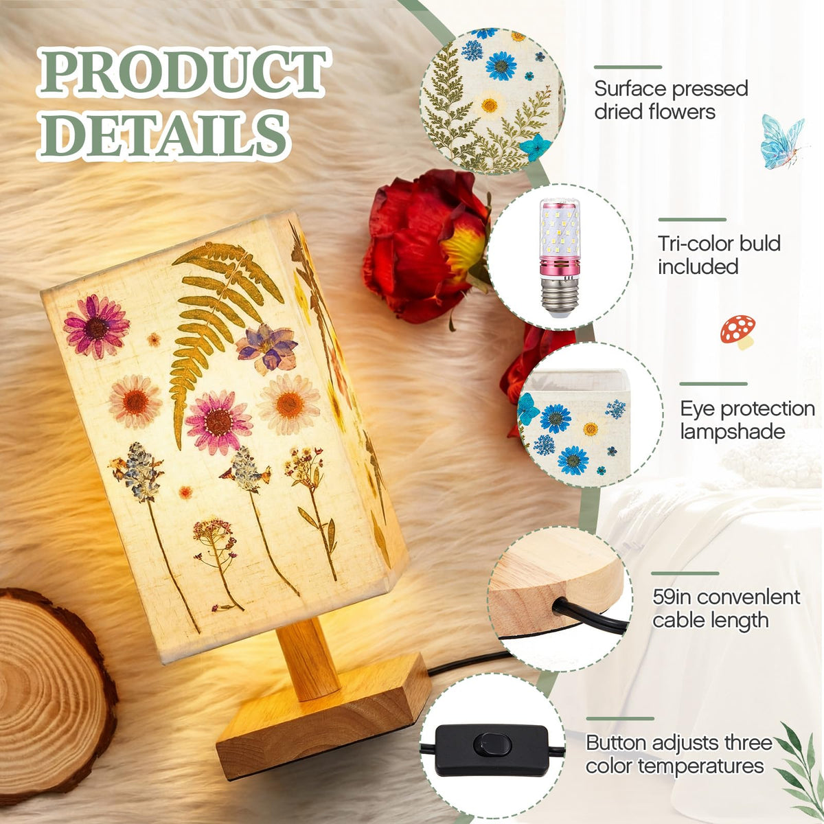 Hortsun Pressed Flower Vintage Table Lamp,Rectangle