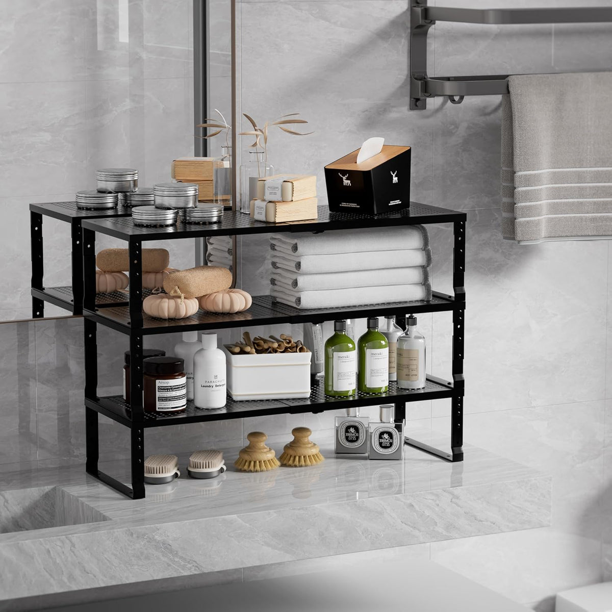 Expandable Spice Rack & Kitchen Cabinet Organizer - Stackable, Adjustable Shelves for Cabinets, Countertops, Cupboards & Pantries(2 Packs/Medium/Black)