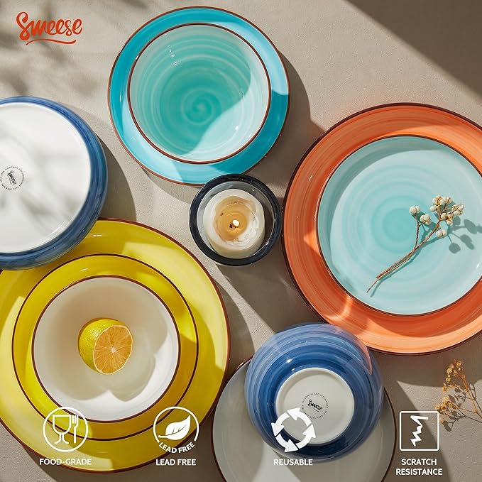 Sweese Plates and Bowls Sets, 18 Piece Dinnerware Set Porcelain Round Dinner Set for 6, Scratch Resistant Dishes Set, Dishwasher Oven Microwave Safe Handpainted Swirl Dishware Sets, Assorted Colors
